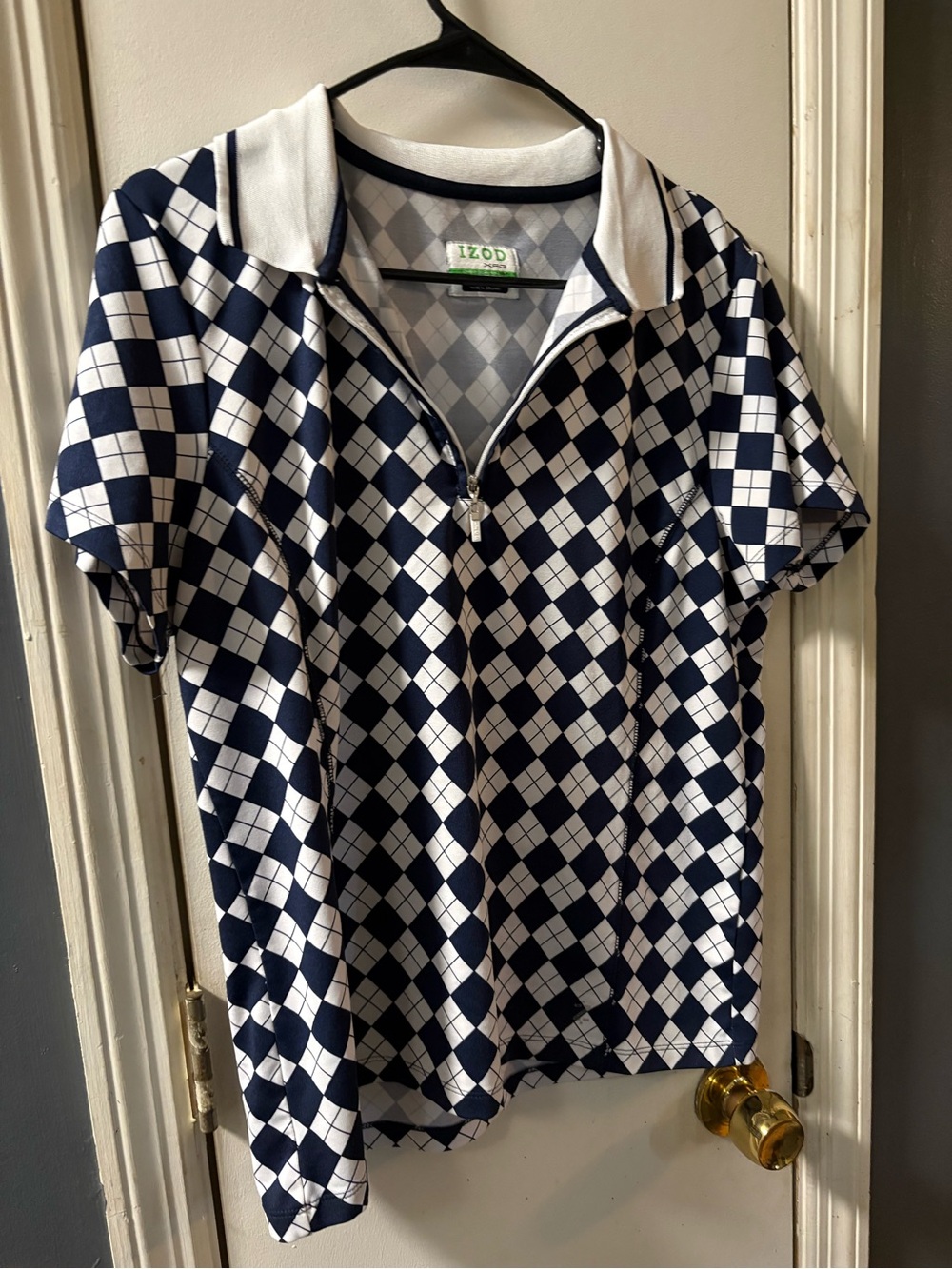 Izod Navy and White Argyle Zip-Front golf Polo size large